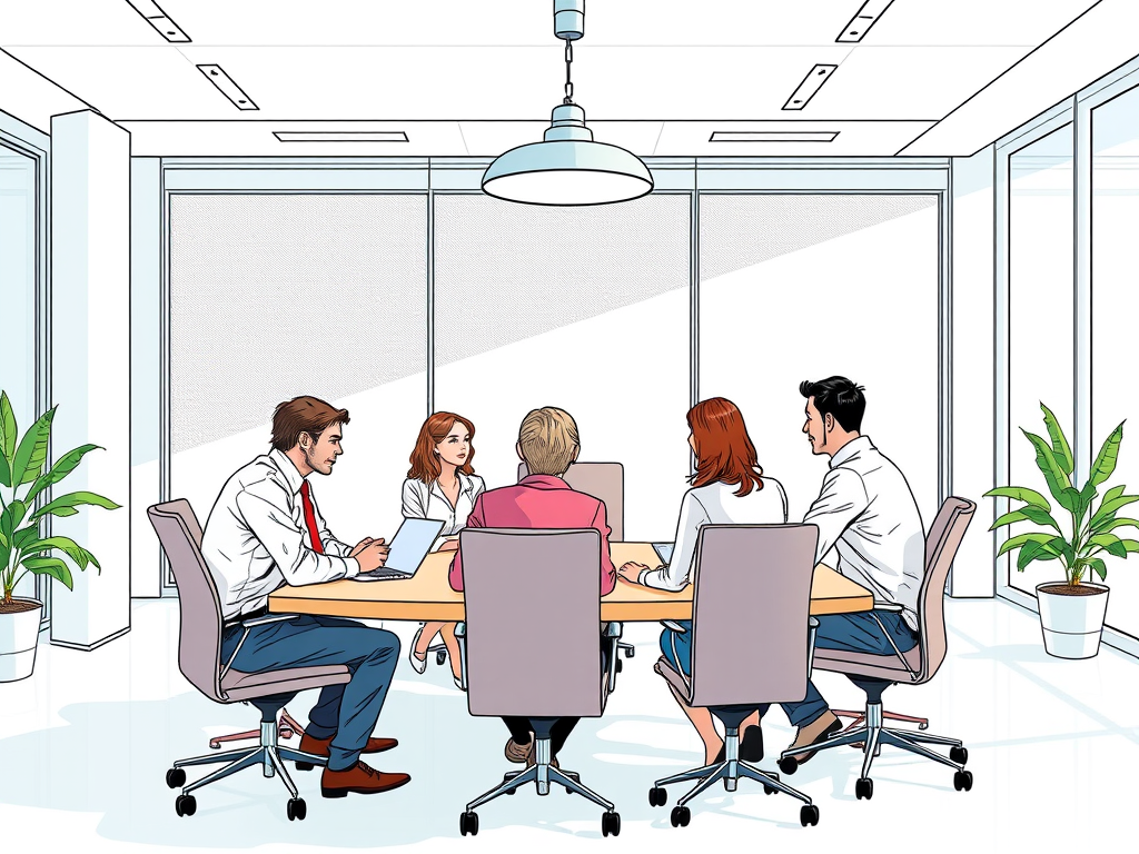 A group of five professionals sitting around a conference table in a modern office setting, engaged in a discussion.